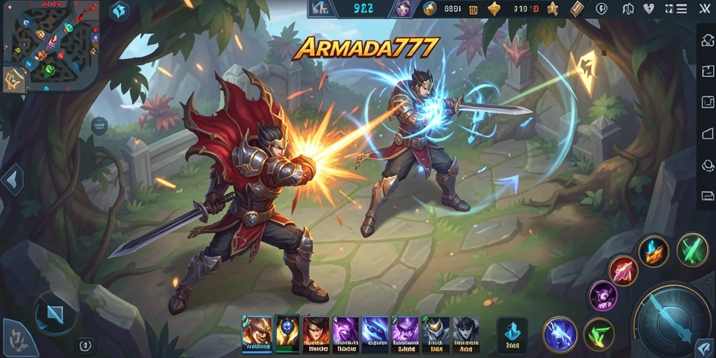 Tampilan gameplay seru dalam ARMADA777 dengan pertarungan strategis dan karakter unik.