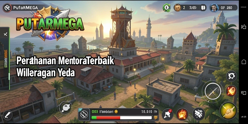 Tampilan gameplay PUTARMEGA dengan menara yang megah dan musuh yang menyerang.